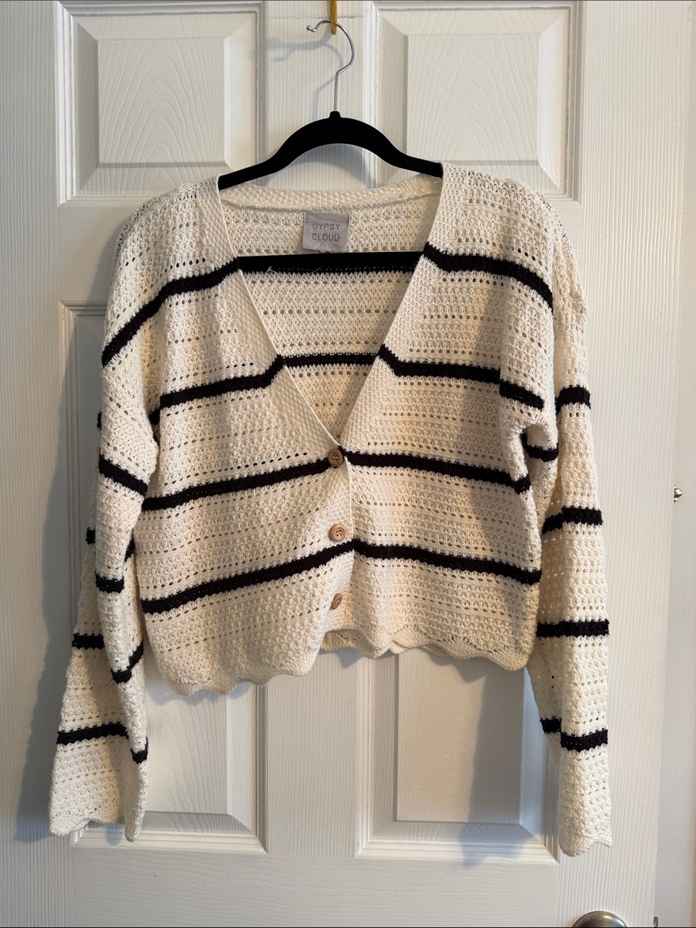 Cream & Black Striped Crochet Button Cardigan